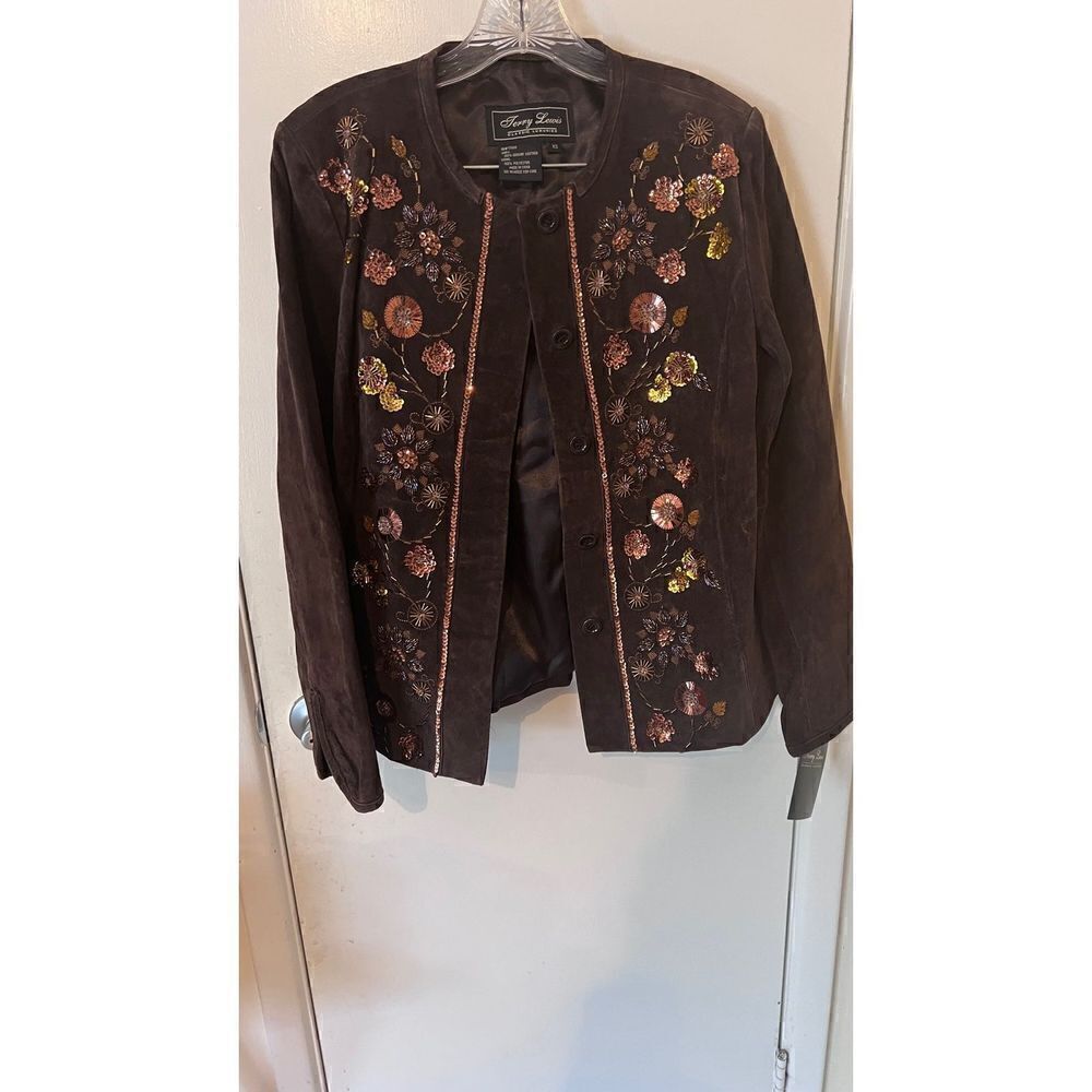 Terry Lewis Classic Luxuries Brown Sequin Leather Jacket Size XS New with Tags